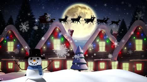 Animation-of-snowman,-houses-and-santa-claus-in-sleigh-with-reindeer-over-winter-landscape