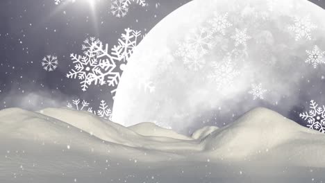 Animation-Von-Schnee,-Der-über-Mond-Und-Winterlandschaft-Fällt
