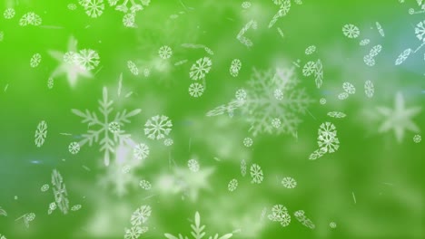 Animation-of-snow-falling-over-green-background