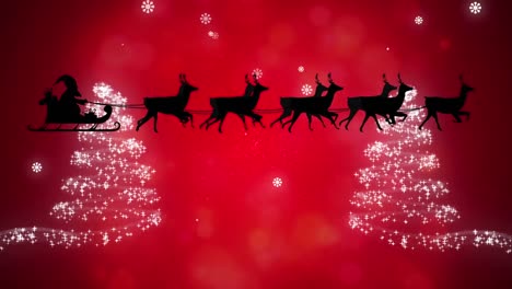 Animation-of-christmas-trees-and-santa-in-sleigh-with-reindeer-on-red-background