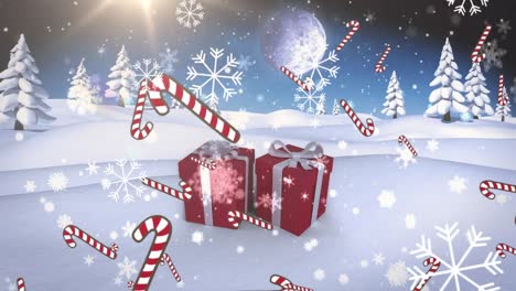 Animation-of-snow-falling-candy-canes-over-christmas-decorations-and-winter-scenery