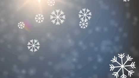 Digital-animation-of-snowflakes-white-spots-falling-against-spot-of-light-on-grey-background
