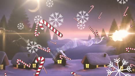 Candy-cane-icons-and-snowflakes-falling-against-shooting-star-over-winter-landscape