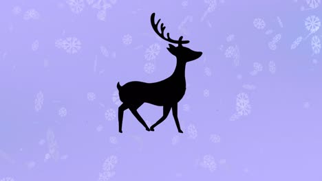 Black-silhouette-of-reindeer-walking-over-snowflakes-falling-against-purple-background