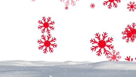 Animation-Von-Roten-Schneeflocken,-Die-über-Die-Winterlandschaft-Fallen