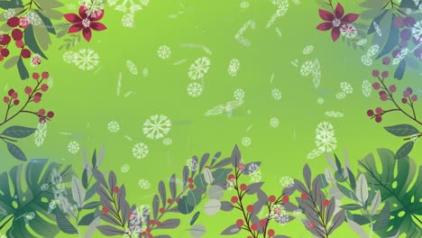 Digitale-Animation-Von-Schneeflocken,-Die-Auf-Florale-Muster-Auf-Grünem-Hintergrund-Fallen