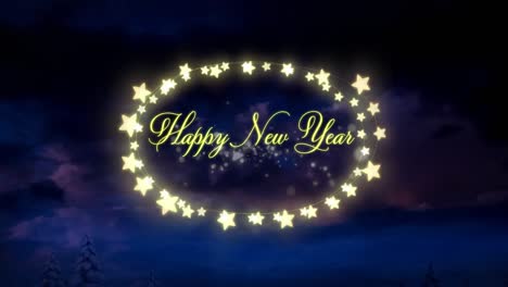 Happy-new-year-text-over-yellow-glowing-heart-shaped-fairy-lights-against-shining-blue-stars