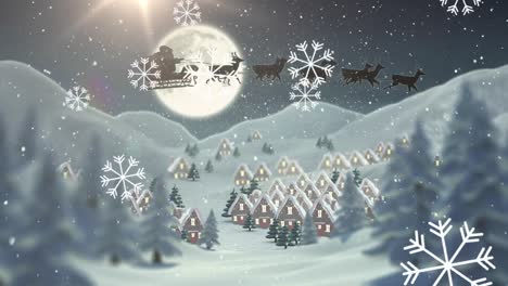 Schneeflocken-Fallen-über-Eine-Winterlandschaft-Mit-Bäumen,-Häusern-Und-Bergen-Vor-Dem-Mond-Am-Nachthimmel