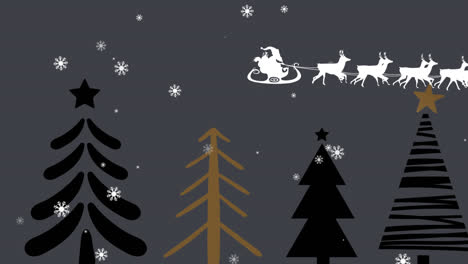 Santa-claus-in-sleigh-being-pulled-by-reindeers-against-christmas-tree-icons-on-grey-background
