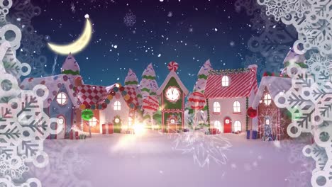 Schneeflockenmuster-Und-Frohe-Weihnachten-Text-Vor-Mehreren-Häusern-Und-Bäumen-In-Der-Winterlandschaft