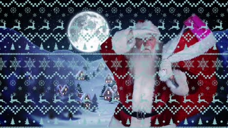 Animation-Von-Weihnachtsartikeln,-Schnee-Und-Weihnachtsmann-Mit-Sack-Voller-Geschenke-über-Der-Winterlandschaft