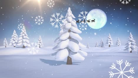 Snowflakes-falling-against-christmas-tree-on-winter-landscape-against-moon-in-the-night-sky