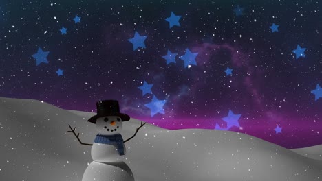 Animation-Eines-Schneemanns-In-Einer-Winterlandschaft-über-Dem-Nachthimmel