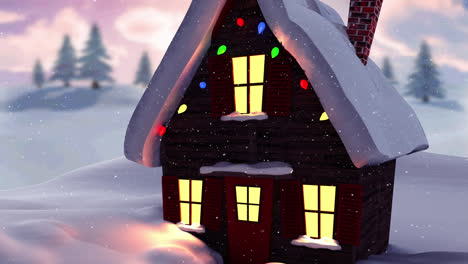 Animation-Von-Schnee,-Der-über-Haus-Und-Winterlandschaft-Fällt