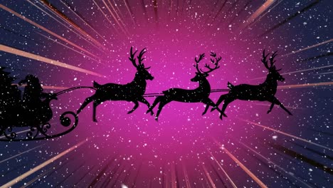 Animation-of-snow-falling-over-santa-claus-in-sleigh-with-reindeer-on-colorful-background