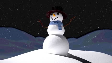 Animation-Von-Schnee,-Der-über-Schneemann-Und-Winterlandschaft-Fällt