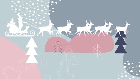 Animation-of-christmas-trees-and-santa-in-sleigh-with-reindeer-on-white-background