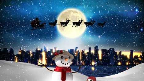 Animation-of-snowman-and-santa-claus-in-sleigh-with-reindeer-over-cityscape
