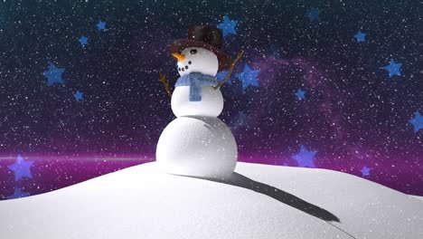 Nieve-Cayendo-Sobre-Muñeco-De-Nieve-En-El-Paisaje-Invernal-Contra-Múltiples-Iconos-De-Estrellas-Azules-En-El-Cielo-Nocturno