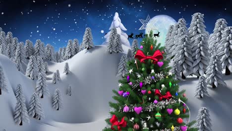 Animation-Von-Schnee,-Der-über-Tannenbäume-Und-Winterlandschaft-Fällt