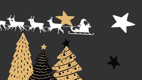 Animation-Von-Weihnachtsbäumen-Und-Weihnachtsmann-Im-Schlitten-Mit-Rentieren-Auf-Schwarzem-Hintergrund