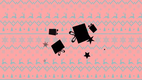 Animation-of-presents-over-traditional-christmas-pattern