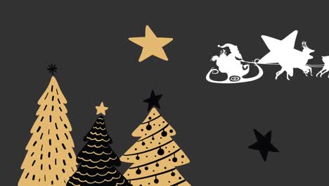 Animation-of-christmas-trees-and-santa-in-sleigh-with-reindeer-on-black-background