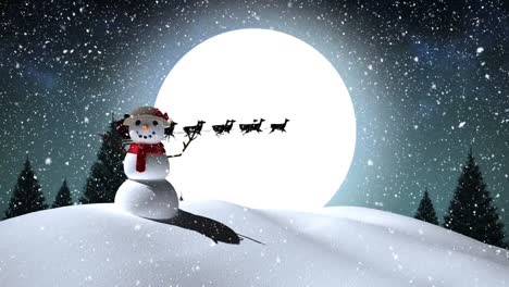Animation-of-snowman-and-santa-claus-in-sleigh-with-reindeer-over-winter-landscape