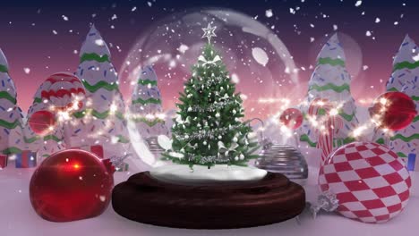 Feliz-Navidad-En-Texto-Chino-Y-Estrella-Fugaz-Girando-Alrededor-De-Un-Globo-De-Nieve-En-Un-Paisaje-Invernal