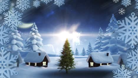 Patrón-De-Copos-De-Nieve-Sobre-Texto-De-Feliz-Navidad-Contra-El-árbol-De-Navidad-En-El-Paisaje-Invernal.