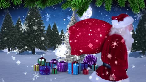 Animation-of-snow-and-santa-claus-with-sack-of-presents-over-christmas-tree-and-winter-landscape