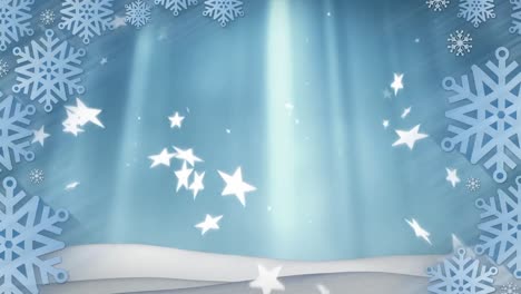 Snowflakes-pattern-and-multiple-star-icons-falling-over-winter-landscape-against-blue-background