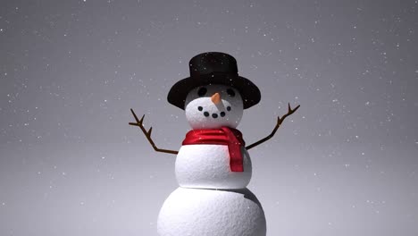 Snow-falling-over-snowman-wearing-a-hat-against-grey-background