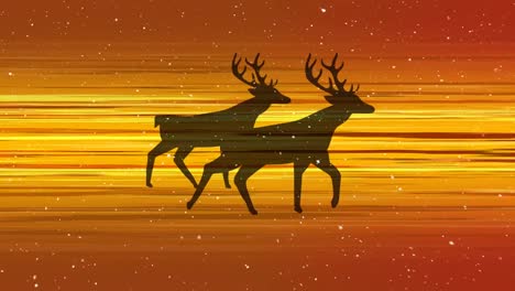 Animation-of-snow-falling-over-reindeer-moving-on-yellow-background