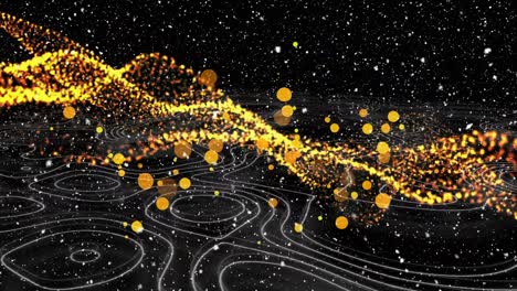 Animation-of-snow-falling-over-yellow-dots-on-black-background