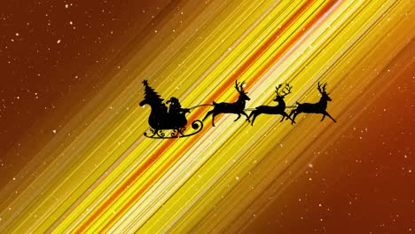 Animation-of-snow-falling-over-santa-claus-in-sleigh-with-reindeer-on-colorful-background