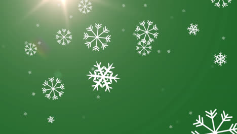 Digitale-Animation-Von-Schneeflocken,-Die-Gegen-Einen-Lichtfleck-Auf-Grünem-Hintergrund-Fallen