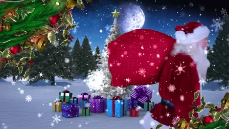 Animación-De-Nieve-Y-Santa-Claus-Con-Saco-De-Regalos-Sobre-árbol-De-Navidad-Y-Paisaje-Invernal
