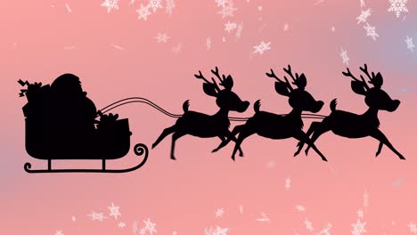 Animation-of-santa-in-sleigh-with-reindeer-over-snow-falling