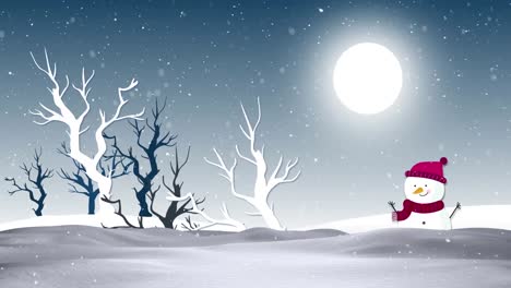 Animación-De-Nieve-Cayendo-Sobre-Muñeco-De-Nieve,-Luna-Y-Paisaje-Invernal