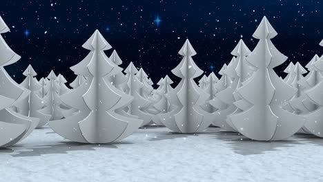Snow-falling-over-multiple-trees-on-winter-landscape-against-shining-stars-on-blue-background