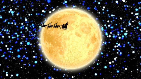 Snow-falling-over-santa-claus-in-sleigh-being-pulled-by-reindeers-against-moon-and-spots-of-light