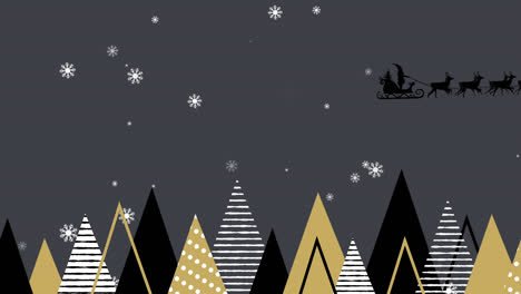 Animation-of-christmas-trees-and-santa-in-sleigh-with-reindeer-on-black-background