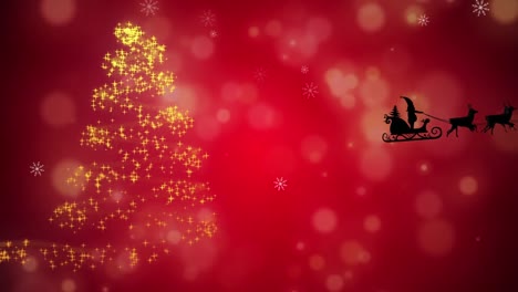 Animación-De-árbol-De-Navidad-Y-Santa-En-Trineo-Con-Renos-Sobre-Fondo-Rojo
