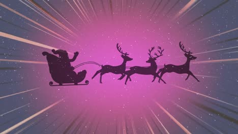 Animation-of-santa-claus-sleigh-over-shiny-purple-background-and-falling-snow