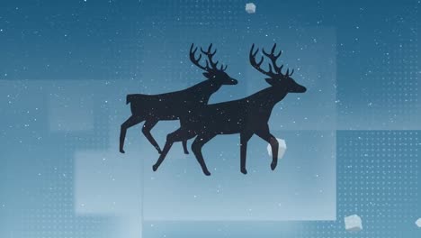 Animation-of-snow-falling-over-reindeer-moving-on-blue-background