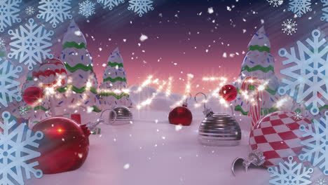 Merry-christmas-in-chinese-text-and-snow-falling-over-christmas-decorations-on-winter-landscape