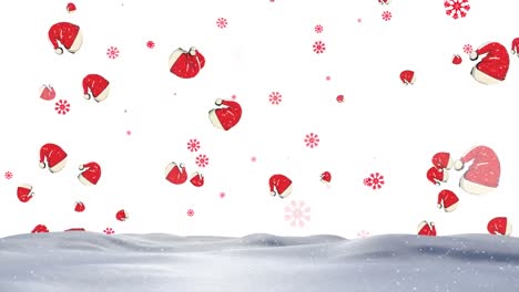 Animation-of-red-snowflakes-and-santa-hats-falling-over-winter-landscape