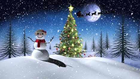 Animación-De-Muñeco-De-Nieve,-árbol-De-Navidad-Y-Papá-Noel-En-Trineo-Con-Renos-Sobre-El-Paisaje-Invernal.