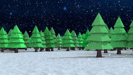 Snow-falling-over-multiple-tree-icons-on-winter-landscape-against-blue-shining-stars-in-night-sky